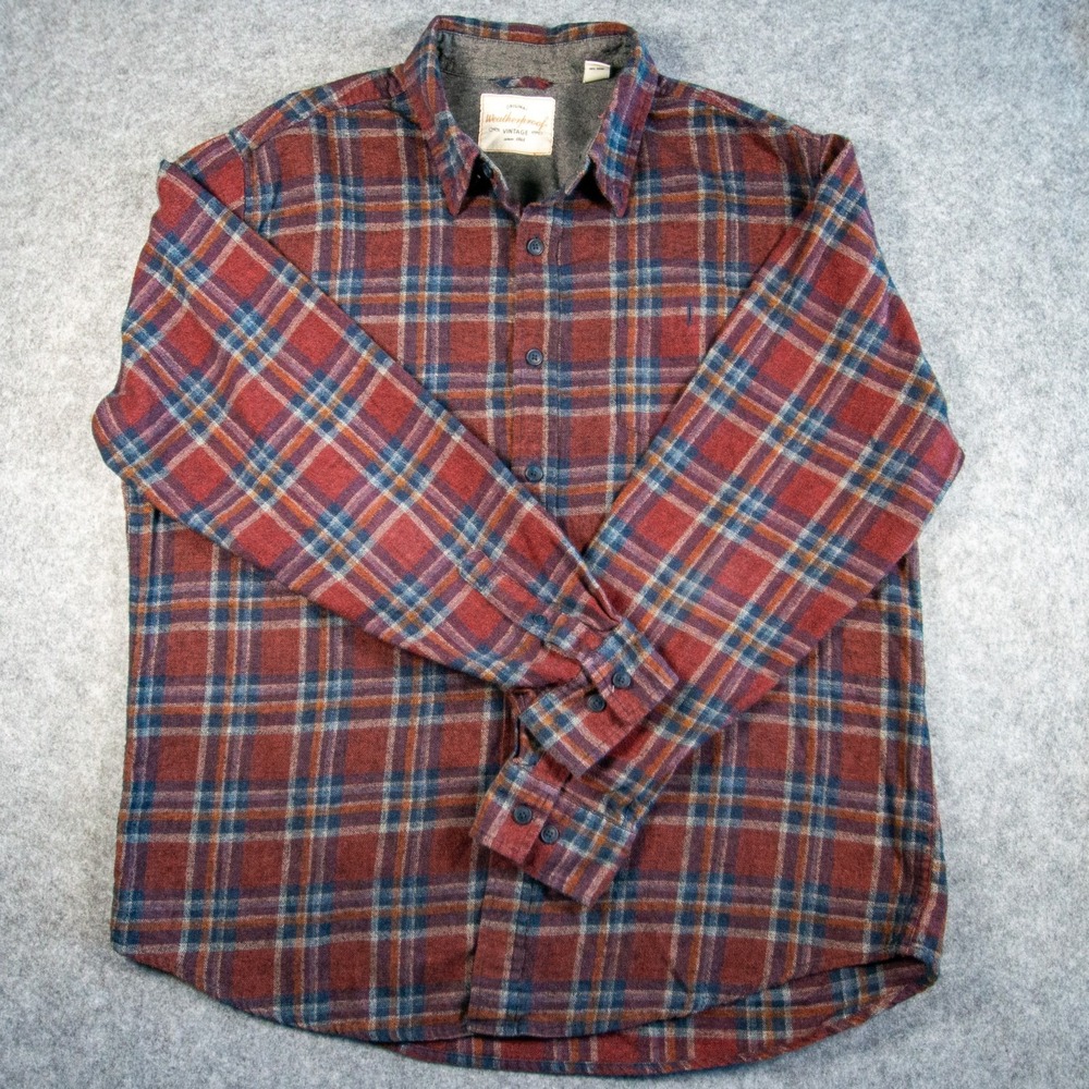 Weatherproof Vintage Men's Plaid Flannel Button Up Shirt Sz XL Maroon Blue